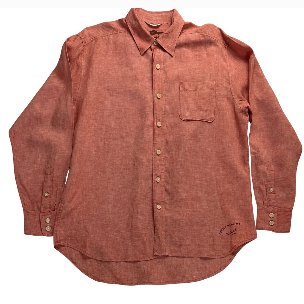 Tommy Bahama Relax Mens L 100% Linen Long Sleeve Button Down Shirt Coral Orange